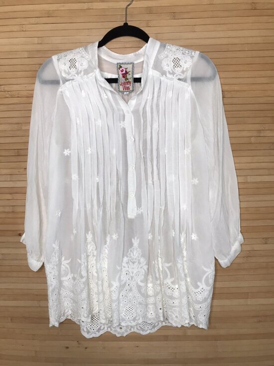 Johnny Was Tops - Johnny Was Boho Tunic Top Blouse White Lace Pintuck Eyelet Detail Cotton  XS
